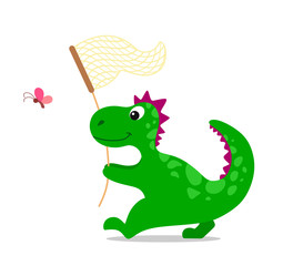 Cute cartoon dinosaur catches a butterfly with a Bob. Vector illustration on white background. 