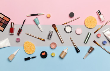 Set of decorative cosmetic on the color background