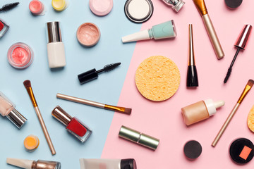 Set of decorative cosmetic on the color background