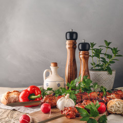 Grilled shish kebab with vegatables and bread