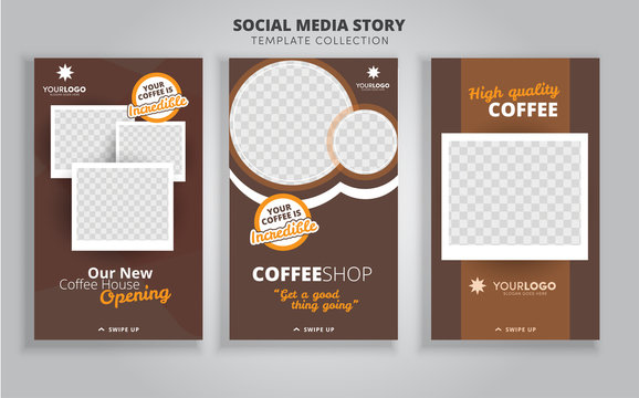 3 layout templates for social media, mobile apps or flyer design with coffee. Set of cards with coffee cup and desserts  with chalk .