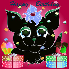 black cute cat. cartoon greeting card. birthday card.