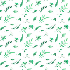 Watercolor seamless pattern with green herbs and leaves on white background.