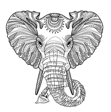 The head of an elephant. Meditation, coloring of the mandala. Large horns and long trunk. Elephant with tusks.  Background for text