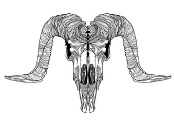 Obraz premium Skull of a ram. Meditation, coloring of the mandala. Ethnic. Drawing manually, templates. Strips, points, arrows. Spots of watercolor paint, spray.