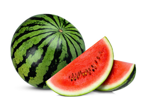 whole and slices watermelon isolated on white background