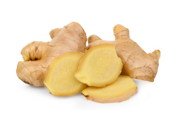 fresh ginger with slices isolated on white background