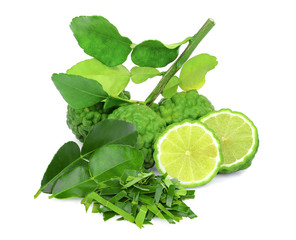 fresh bergamot with half and leves isolated on white background