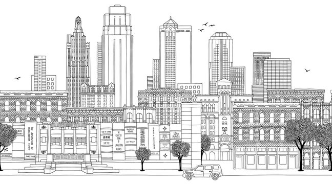 Kansas City, Missouri, USA - Seamless banner of the city’s skyline, hand drawn black and white illustration