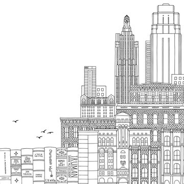 Hand drawn black and white illustration of Kansas City, Missouri USA, with empty space for text