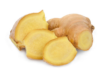 fresh ginger with slices isolated on white background