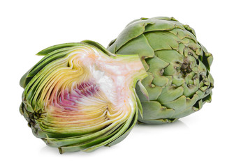 whole and half artichoke isolated on white background