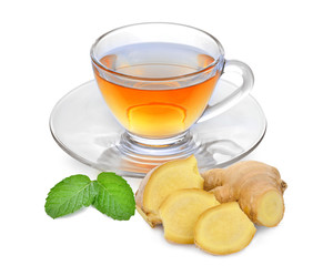 hot ginger tea with ginger root and mint leaf isolated on white background