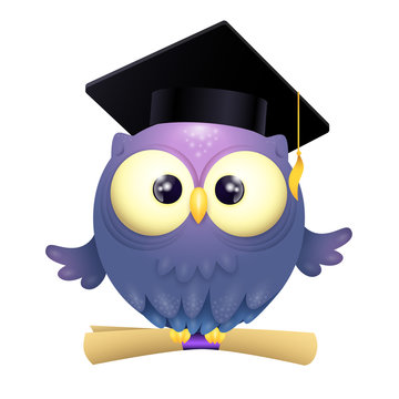 Vector Illustration of a cute lillte Owl wearing graduation cap and holding diploma while flying