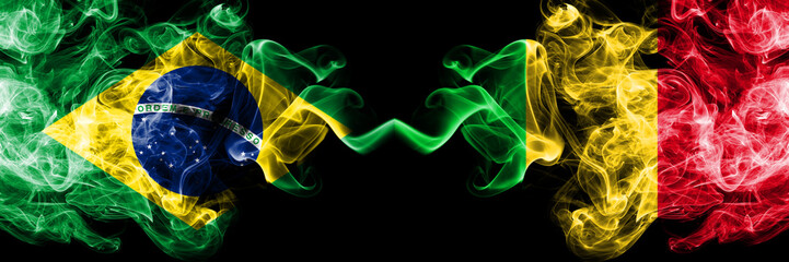 Brazil vs Mali smoke flags placed side by side. Thick colored silky smoke flags of Brazilian and Mali