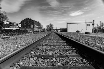 railroad tracks black and white