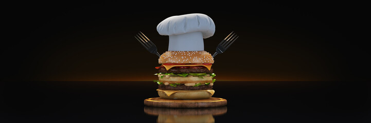 hamburger with hat chef . 3d rendering