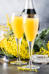 Spring alcohol cocktail mimosa with orange juice and cold dry champagne or sparkling wine in...