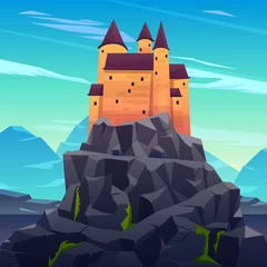 Fotobehang Medieval castle, ancient citadel or impregnable fortress with stone towers on rocky peak cartoon vector. Fairytale king palace, royal stronghold, dracula shelter high in mountains illustration © vectorpouch
