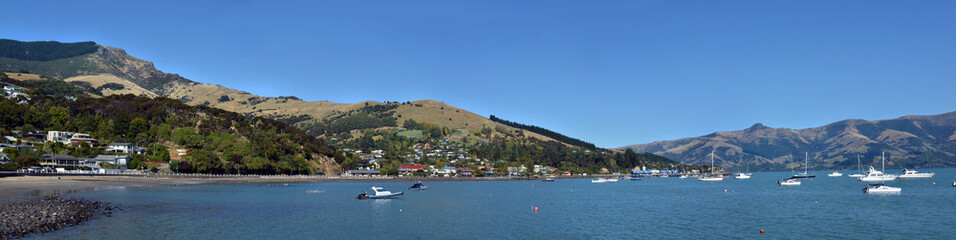 Fototapeta na wymiar Akaroa Town Super Wide Panaorama, New Zealand.