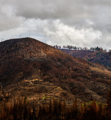 Storm clouds passining over a burned hillside a few months after the CampFire that hit Butte County, California in 2018.