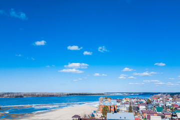 Landscape village countryside with  trees nature , fog cloud , beach and river background. Helicopter drone shot