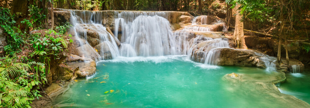Beautiful waterfall Huai Mae Khamin, Thailand. Panorama