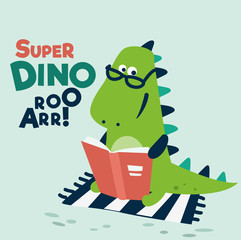 Cute dinosaur reads a book. Funny tyrannosaur 