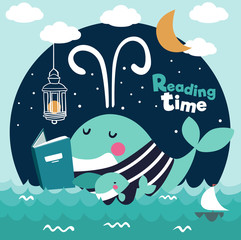 Cute funny whale with stripped shirt reading a book. Family whales. Mom and baby whales