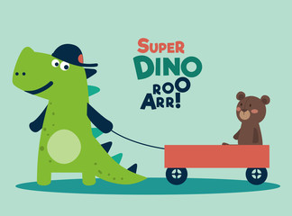 Funny dinosaur with wagon cart 