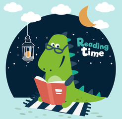 Cute dinosaur reads a book. Funny tyrannosaur 