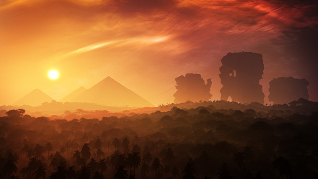 concept art of majestic monument in fantasy alien planet landscape 