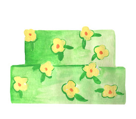 birthday cake green, decorated with flowers. watercolor illustration for design menus, cards, posters.