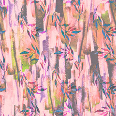 Vintage seamless watercolor pattern of plants, wild grasses, algae, twigs, branch, basil, sprout, plant. watercolor stylish pattern. Abstract paint splash. Trendy background. Abstract grunge texture