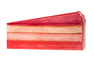 A slice of pink cheesecake. watercolor illustration for design menus, cards, posters.