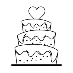 Wedding cake with heart cartoon in black and white