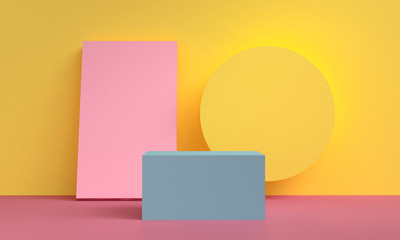 Pink and yellow pastel cream scene Geometrical abstract background, 3D render.