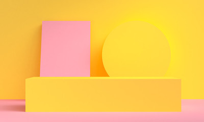Pink and yellow pastel cream scene Geometrical abstract background, 3D render.