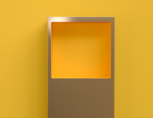 Gold frame on yellow background, Geometric shape 3d render.