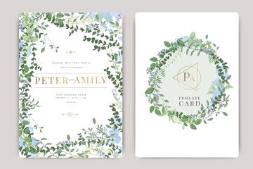 Wedding Invitation, floral invite thank you, rsvp modern card Design in blue and purple flower and leaf greenery  branches decorative Vector elegant rustic template