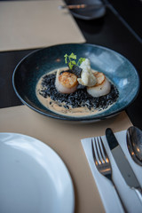 Sea shell served with Italian black rice with gravy. Served as a main course in a modern French restaurant in Bangkok, Thailand.