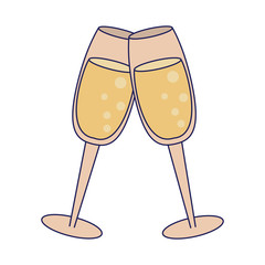 Champagne cups cartoon isolated blue lines