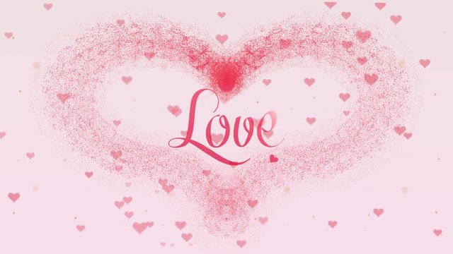 Love confession. Valentine's Day heart made of pink splash is appearing. Then comes the lettering. The heart is dispersing. Isolated on light pink background. Action. Animation. 4K.