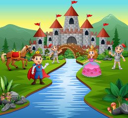 Knight with princess and prince in a castle landscape © dreamblack46