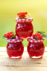 Red currant jam in a glass transparent jar set  in the bright rays of the sun on green blurred background. Summer berry jam. homemade red currant jam with fresh berry