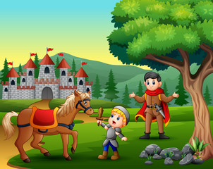 Little knight battling a horse to protect the prince