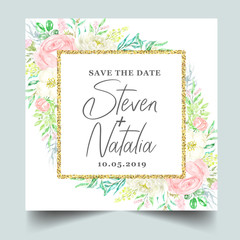 watercolor botanical floral frame geometric shape wedding invitation