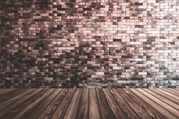 Dark room with brown stone brick wall and wood plank texture background.