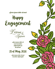 Vector illustration happy engagement greeting card with style of leaf flower frame