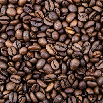Coffee grains. Background of roasted coffee beans brown. layout. Flat lay. © andreyphoto63